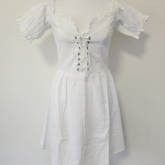 White Puff Sleeve Lace Up Milkmaid Puff Sleeve Sweetheart Skater Dress Cotton - Picture 5 of 15